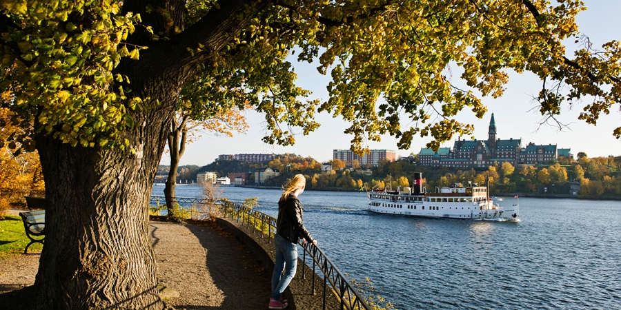 Stockholmsvy över vatten och en båt som åker förbi.